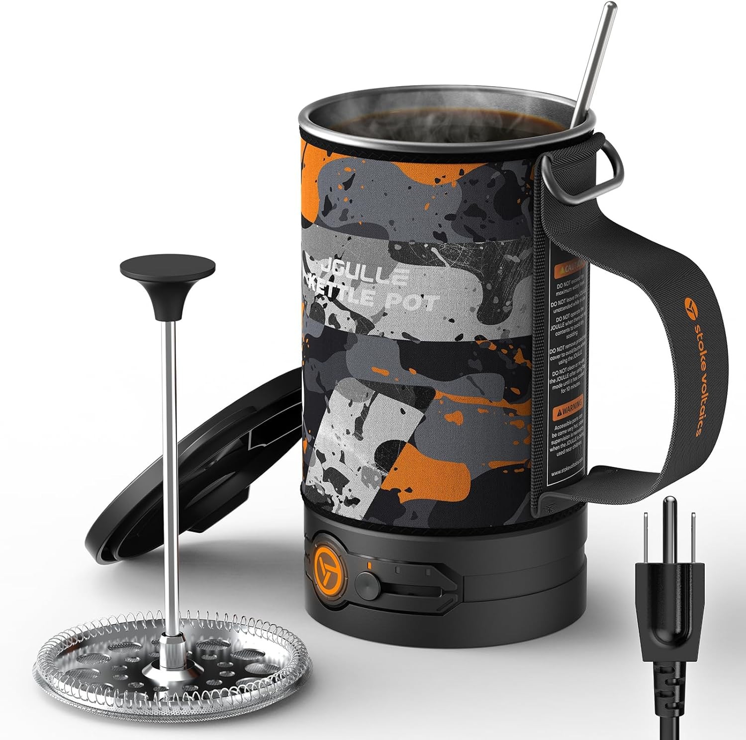 Electric French Press Coffee Maker, 120V Boil Water & Press Coffee 2-in-1, Portable Design for Camping, Travel, 6 Minute Brew Ready