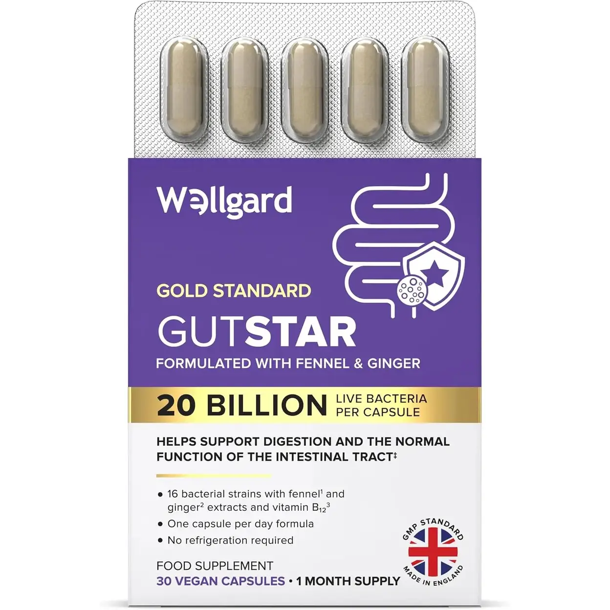 Wellgard Gutstar Digestive Support Vegan Probiotic Capsules - 30 Capsules