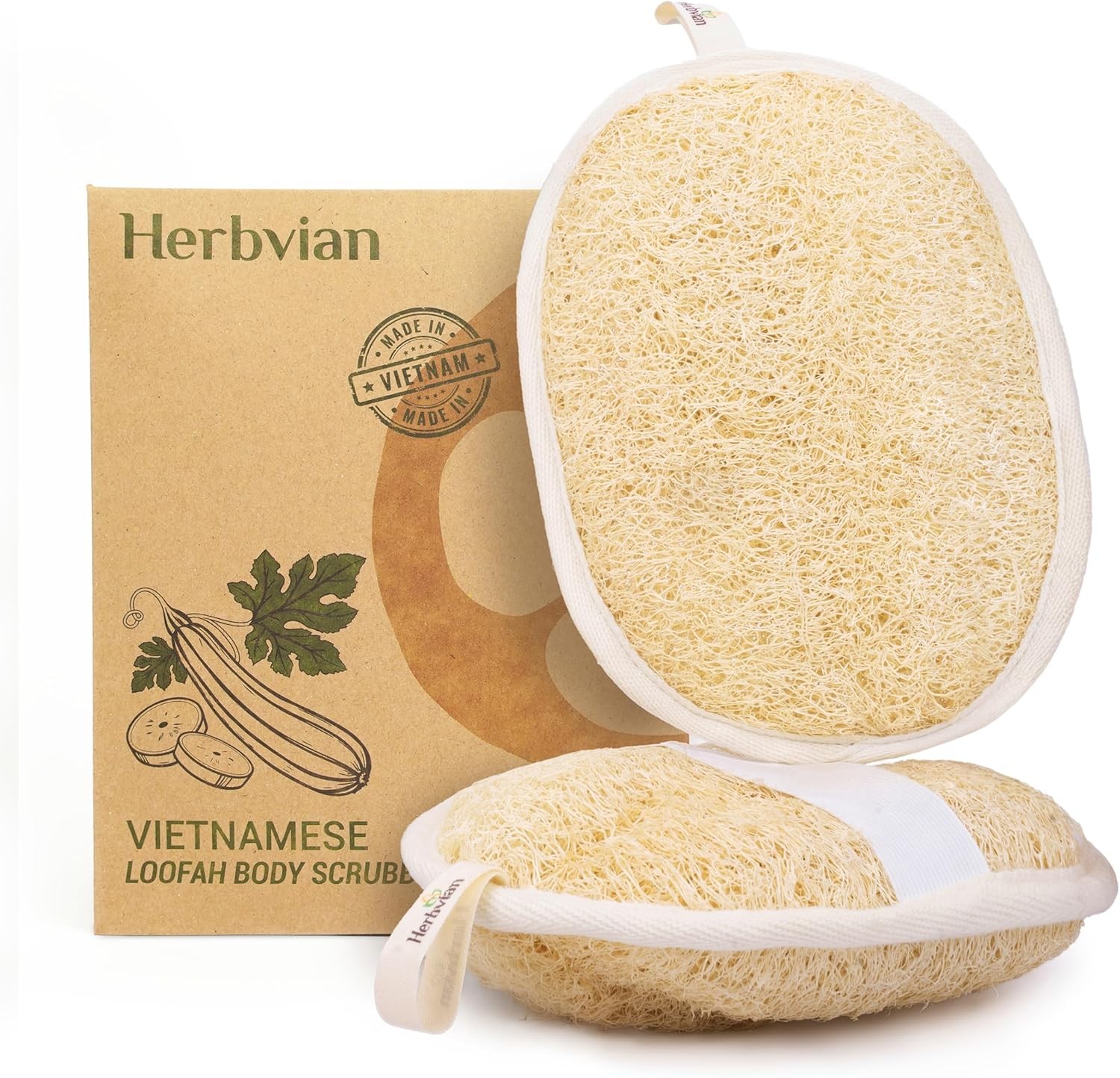 Vietnamese Natural Loofah Exfoliating Body Scrubber Pads, 100% Plant-Based Shower Luffa Sponge, Bath Loofah for Women Men (2, Pack of 2)