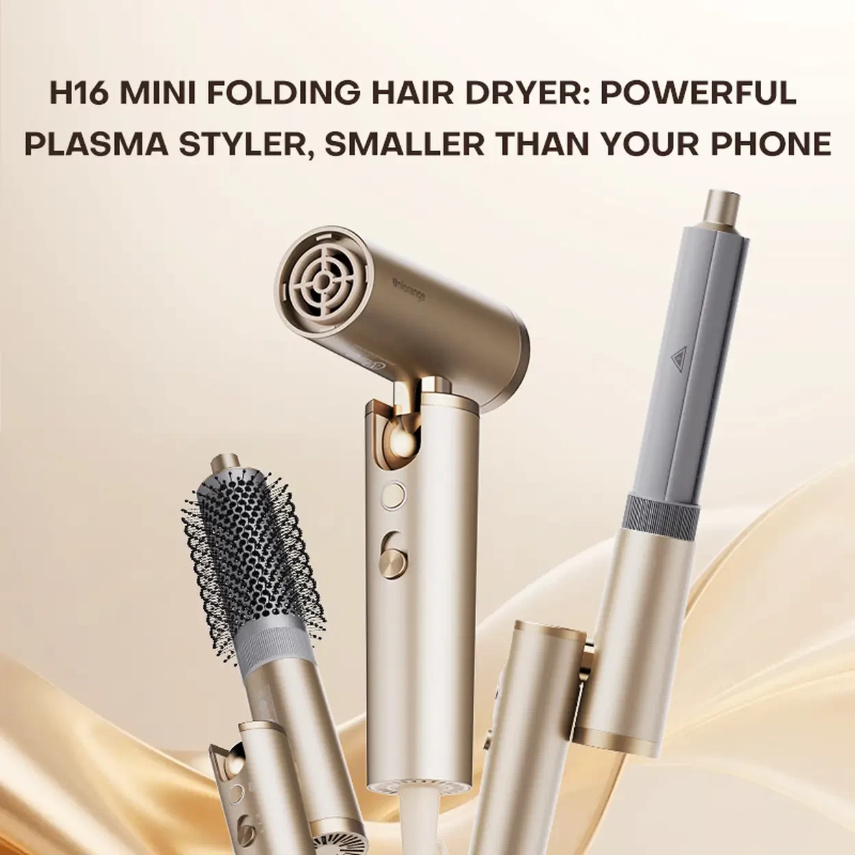 Uniorange H16 Portable Foldable High-Speed Hair Dryer, 110K Motor Speed, 1 Billion+ Ion Shield Technology, Includes 4 Styling Nozzles, Gold