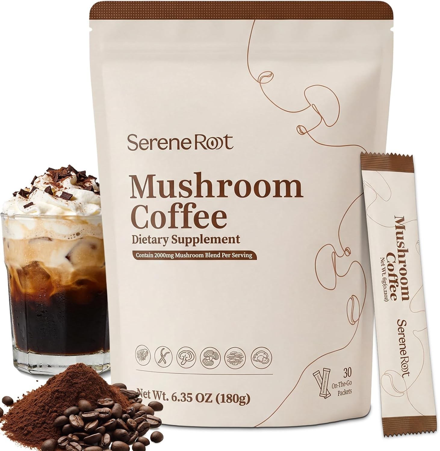 Mushroom Coffee, Adaptogenic Mushrooms with Lion's Mane, Reishi, Cordyceps, Turkey Tail, Maitake, Chaga, Instant Coffee with MCT Oil for Energy, Focus, Digestive & Immune, 30 Sachets