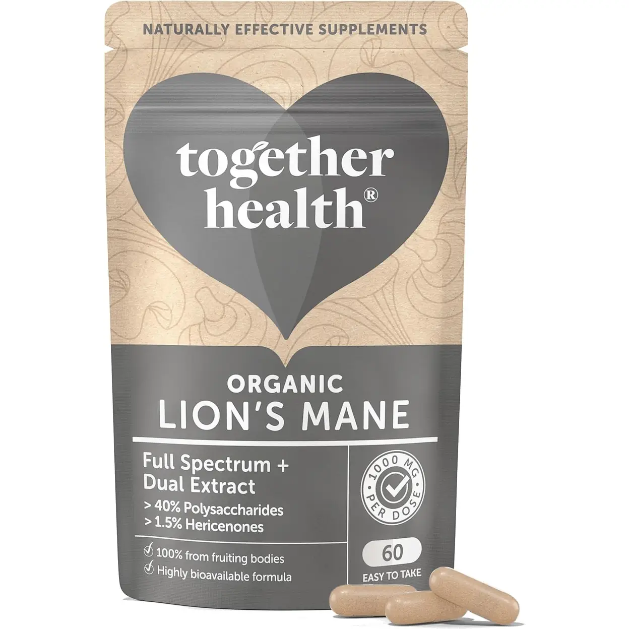 Together Health Organic Lion's Mane 1000mg Dual Extract Fruiting Bodies Cognitive Support Capsules - 60 Capsules