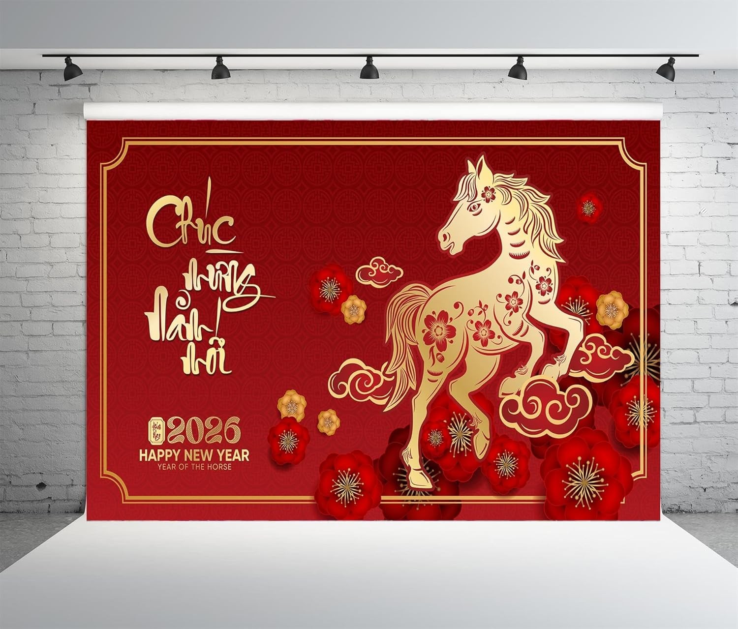 BELECO 8x6ft Fabric 2026 Vietnamese New Year Backdrop Year of The Horse Vietnam Lunar New Year Backdrop TET Decorations Banner Asian Spring Festival Photoshoot Studio Props