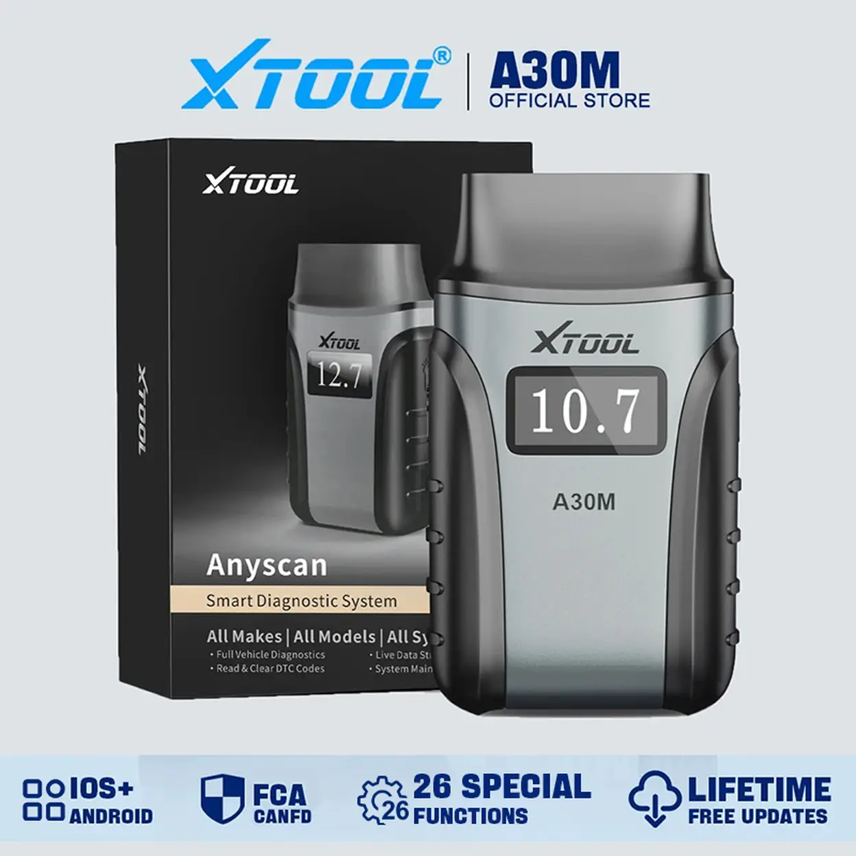 XTOOL A30M OBD2 Diagnostic Device BT, Wireless Car Diagnostic Tool with 26+ Reset, Bidirectional/Active Test, All Systems OBD Diagnostic Device for Android & iOS, Oil/ABS/SAS/BMS/DPF Reset...Lifetime 