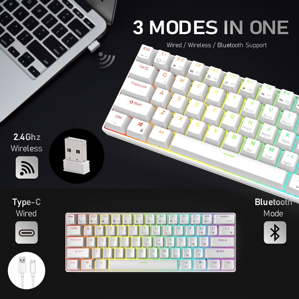 Royal Kludge RK61 Three Mode RGB HotSwap 60% Gaming Keyboard Mechanical Wireless Keyboard Bluetooth 2.4G Wired