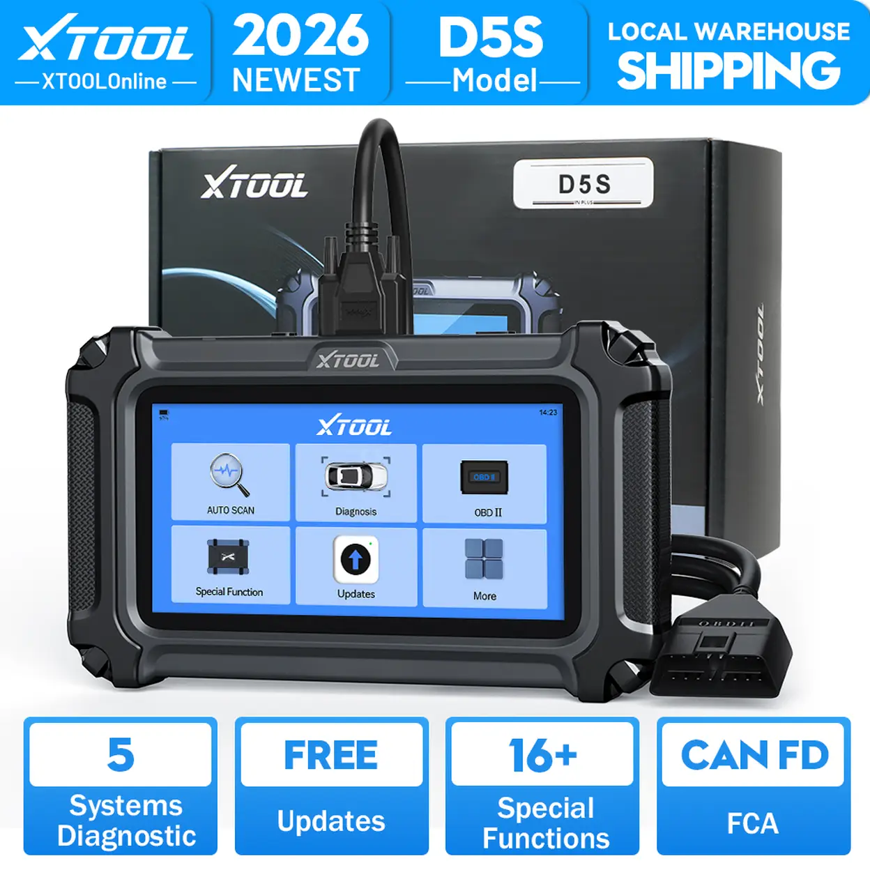 XTOOL D5S OBD2 Diagnostic Tool for 4 Systems Engine/ABS/Airbag/Transmission, with 16 Resets on Oil/Brake/SAS/BMS/ABS/DPF/TPMS/Throttle, Full EOBD/OBD2 Functions, CAN FD/FCA, AutoVin, Lifetime Updates