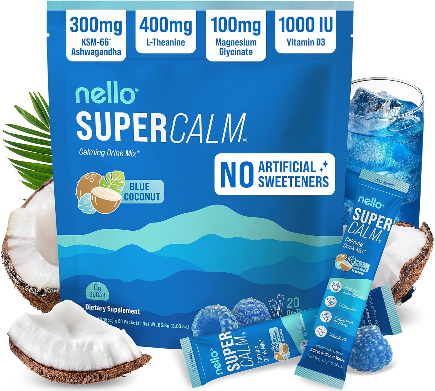 Nello Supercalm Drink Mix with Magnesium Glycinate, KSM 66 Ashwagandha, Vitamin D3 and L Theanine, Calm Powder Supplements for Relaxation Support, No Sugar, Travel Packets, 20 Ct, Blue Coconut