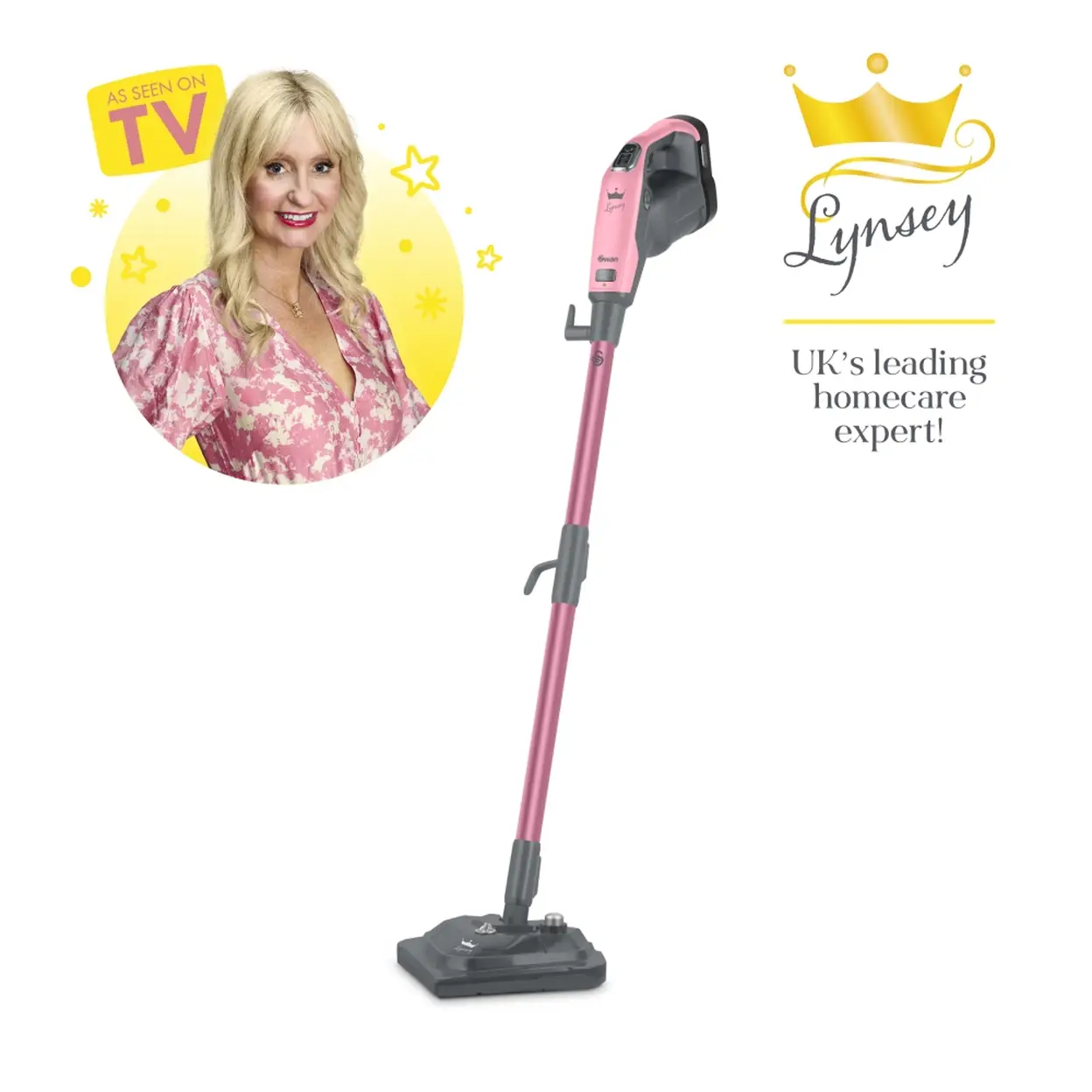 Swan TV's Queen of Clean 16-in-1 Steam Mop, 3 Steam Settings, Detachable Handheld, 350ml Tank, 1300W - Pink, SC30131QOC