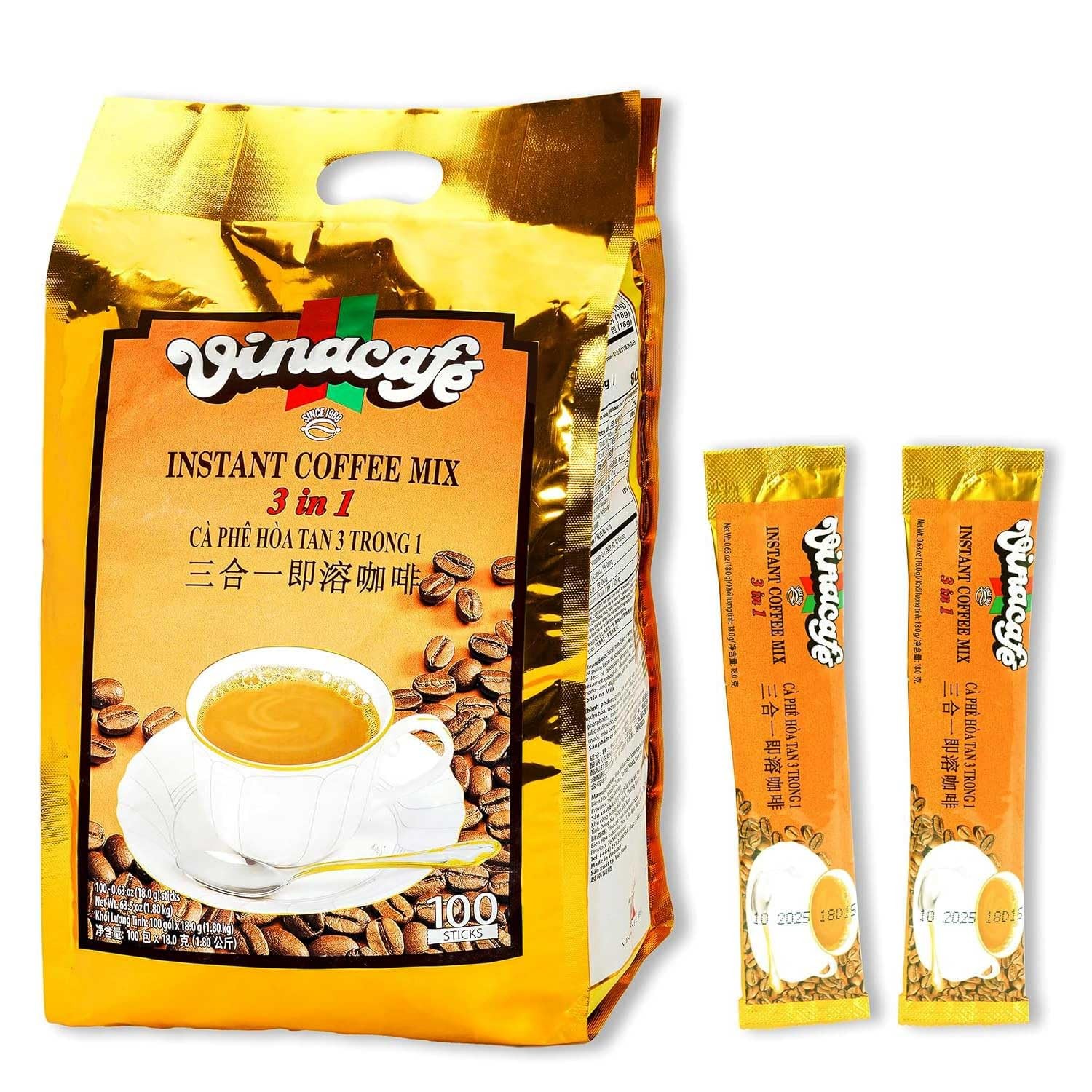 Vinacafe Vietnamese Instant Coffee 3-in-1 Mix – 100 Sticks (0.63oz Each), Smooth Medium Roast, Premium Milk Coffee Blend for Home, Office & Travel (2 PACK)